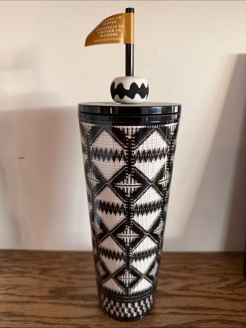 Starbucks Black & White Geometric Tumbler with Decorative Topper